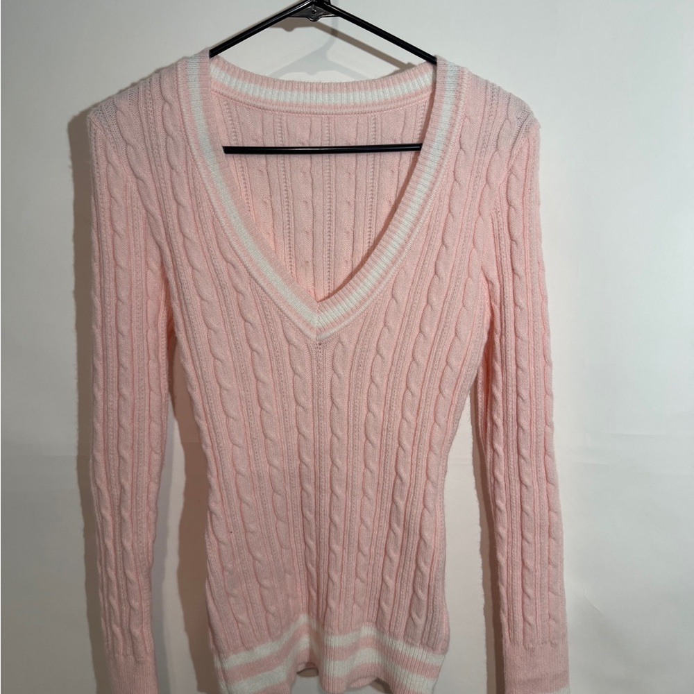 SHEIN Pink Cable Knit V-Neck Sweater with White Stripe Trim. Never worn